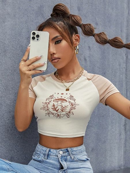 

raglan sleeve floral and mushroom print r24a#, White