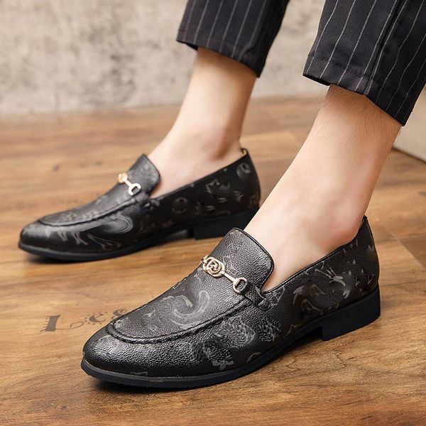 

Loafers Men Shoes Pu Leather Print Color Metal Slip on Round Head Flat Bottom Casual Business Chaussure Homeme DP238-1, Black