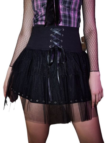 

romwe contrast mesh lace up skirt u59h#, Black