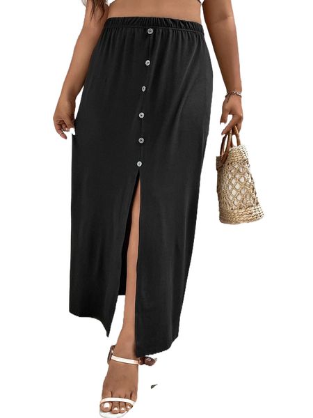 

plus fake buttons front split front skirt 52va#, Black