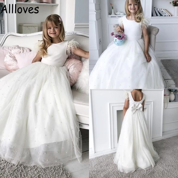 İnci Kürk Fildişi Çiçek Kız Düğün Mücevher Boyun Saten Basit Küçük Kızın Prenses Elbise Yay Çocukları ile Çocuklar İlk Komünyon Elbise Cl0744