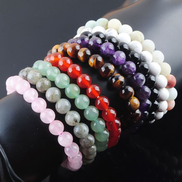 

stretch beaded strand bracelet healing reiki natural gemstone 8mm beads amethyst agate tree of life charm meditation bangles jewelry 7 inche, Black