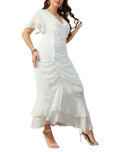 

plus flutter sleeve overlap collar ruched tie front layered hem dress 692a#, Black