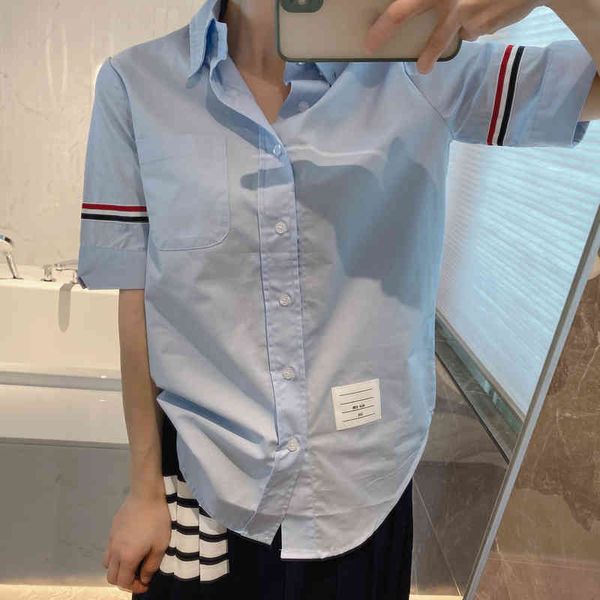 

four bars new stripe contrast ribbon connected with white college style short sleeve shirt for men and women