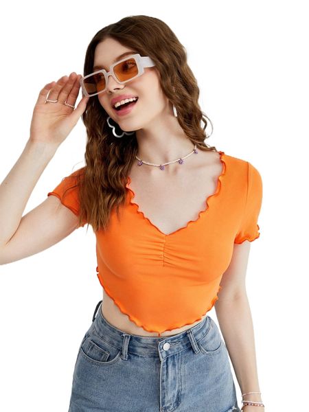 

1pc neon orange lettuce trim bandana hem crop tee h2u7#, White