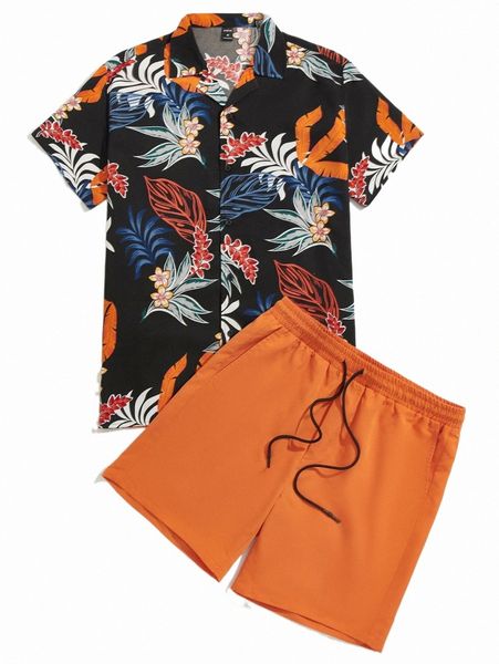 

men tropical print shirt & drawstring waist shorts a39u#, Gray