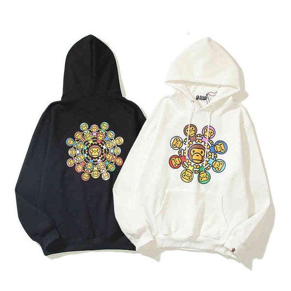 

men's hoodies & sweatshirts 2022 men's and women's leisure kaleidoscope little monkey print plush hoodie q682, Black