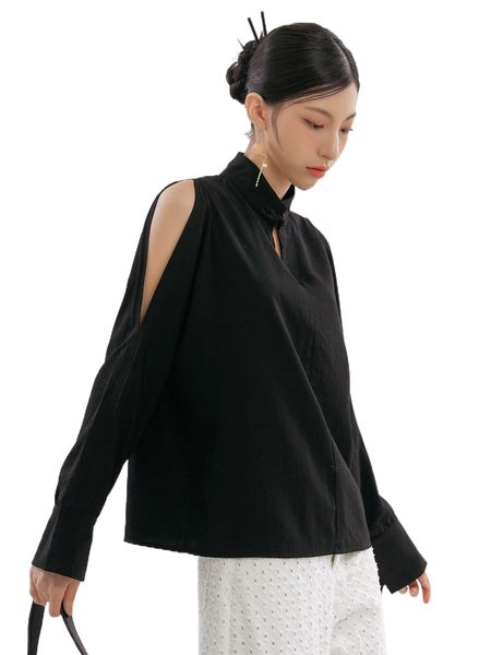 

dazy mandarin collar cut out shoulder blouse q7pr#, White