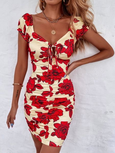 

floral print sweetheart neck bodycon dress f55y#, Black;gray