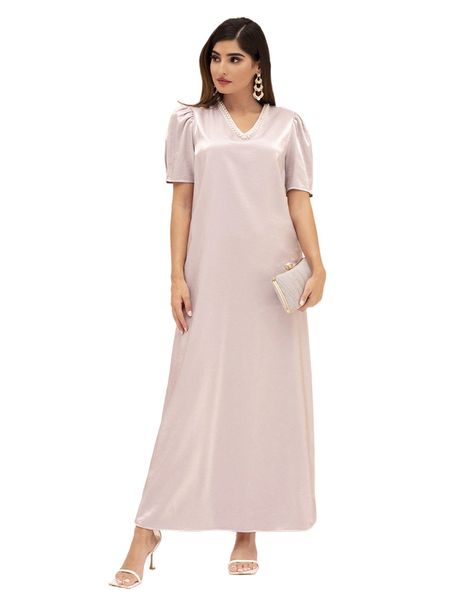 

modely puff sleeve faux pearl hidden pocket tunic dress n6so#, Black;gray