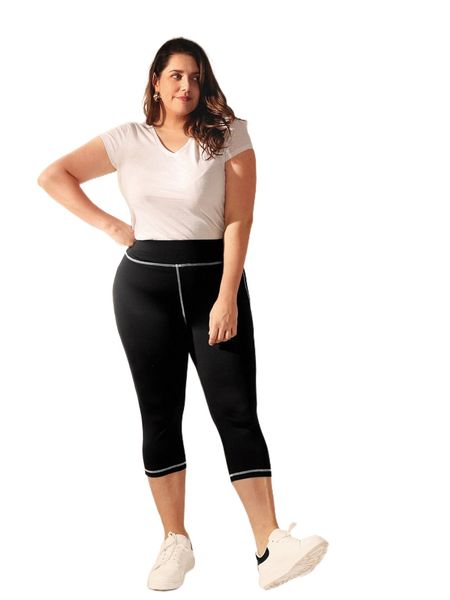 

emery rose plus wideband waist stitching capri leggings f9h5#, Black
