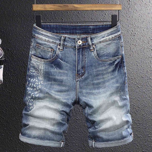 

men's jeans fashion youth fashion brand distressed denim shorts men's summer thin print frayed elastic korean pants aybo, Blue