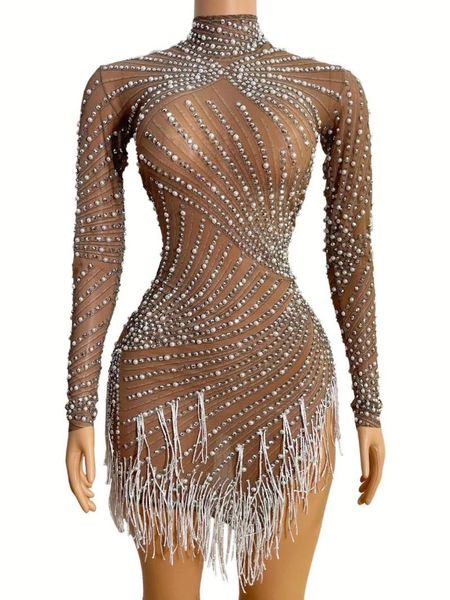 Abiti casual Strass Perle Frange bianche Collo alto Abito in rete Bar Compleanno Festeggia abito da ballo per donna