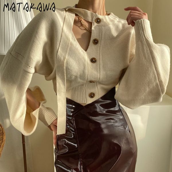 

hollow out singlebreasted pullovers korea chic neckline ribbon irregular woman sweaters lantern sleeve knit sweater 210506, White;black