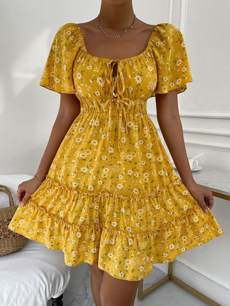 

floral print tie front ruched bust layered hem dress s1xq#, Black;gray