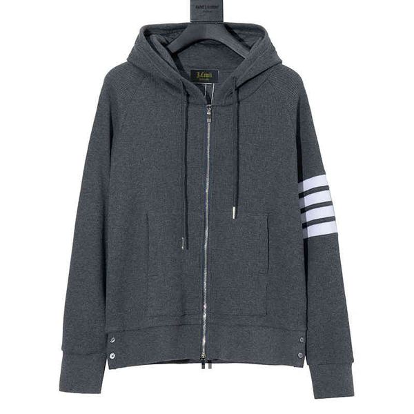 

waffle long sleeve hooded cardigan coat autumn winter new hoodie tb men's sweater fashion brand, Black