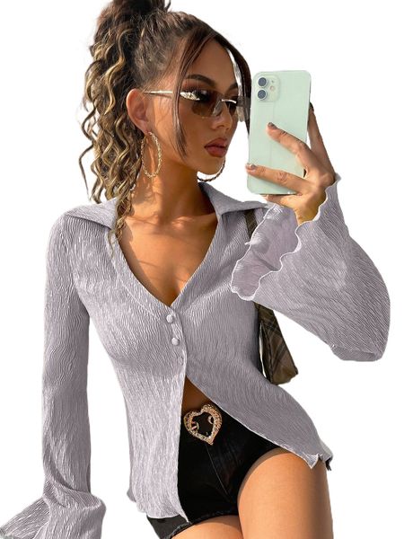 

flounce sleeve lettuce trim blouse v7c7#, White