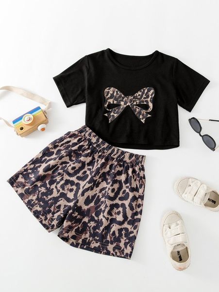 

girls leopard and bow print tee & shorts she, White