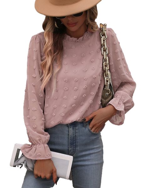 

swiss dot frill trim flounce sleeve blouse v7hj#, White