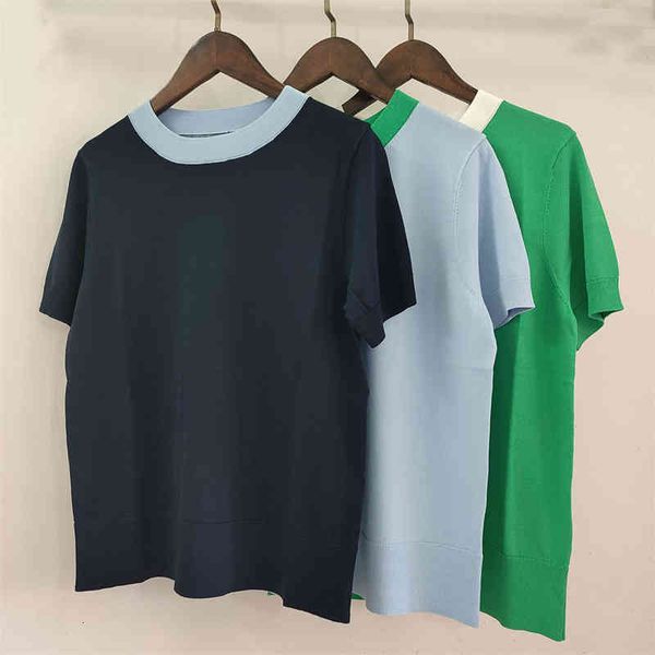 

women's knits tees summer cool color basic fashionable temperament contrast collar edge short sleeve round neck sweater summer, White