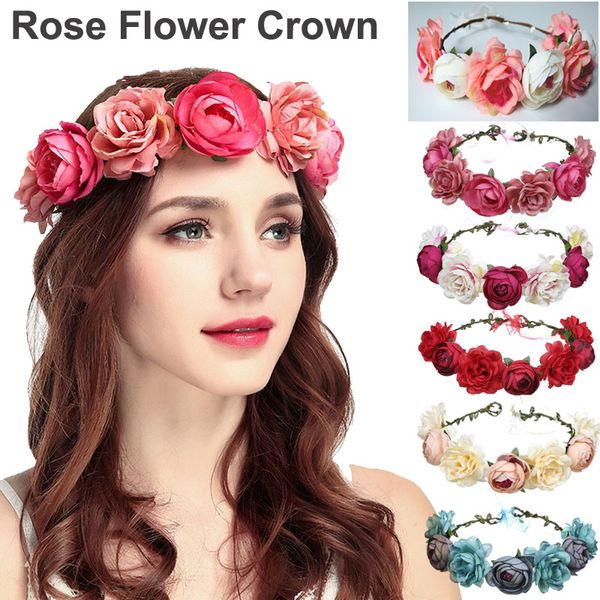 Fasce per capelli con fiori rosa da donna Corona floreale Ghirlanda per capelli Ghirlande per capelli Fiori Copricapo con nastro Feste per feste Puntelli per foto