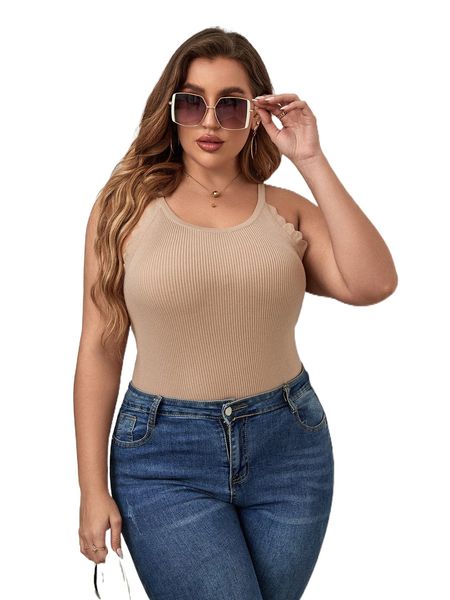 

plus scallop trim cami knit 93ru#, Black