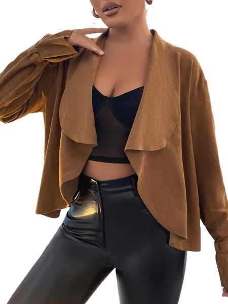 

waterfall collar flounce sleeve suede jacket c8eh#, Black;brown