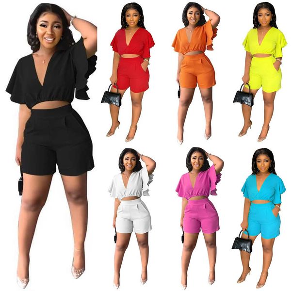 

summer women short outfits ruffle short v-neck tracksuits 2022 street trend two piece sets designer v neck short sleeve shorts outfits s-xxl, Gray