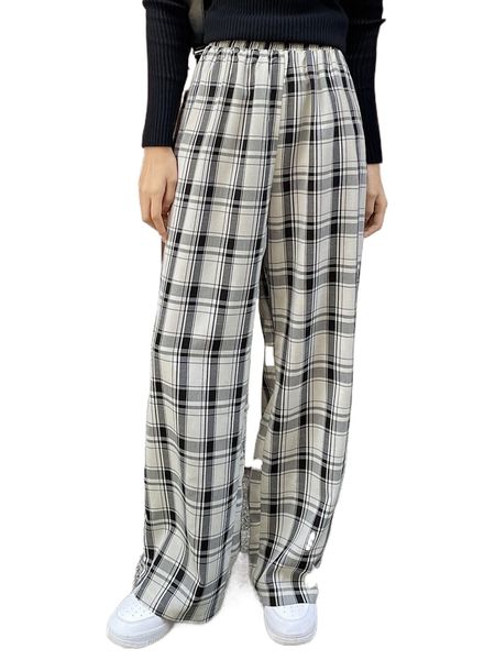 

dazy plaid print wide leg pants t9ju#, Black;white