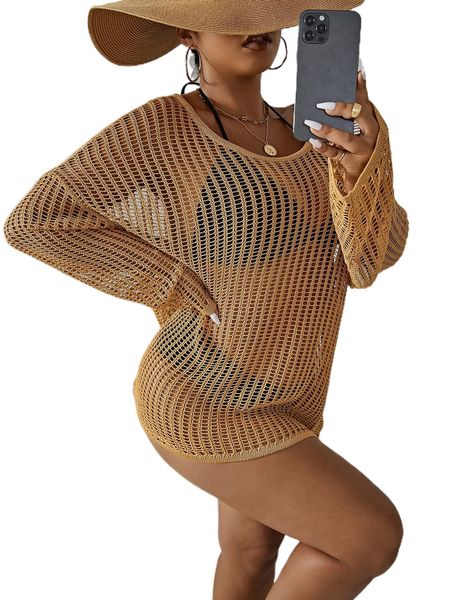 

plus hollow out drop shoulder cover up without bikini set e5ay#, Black