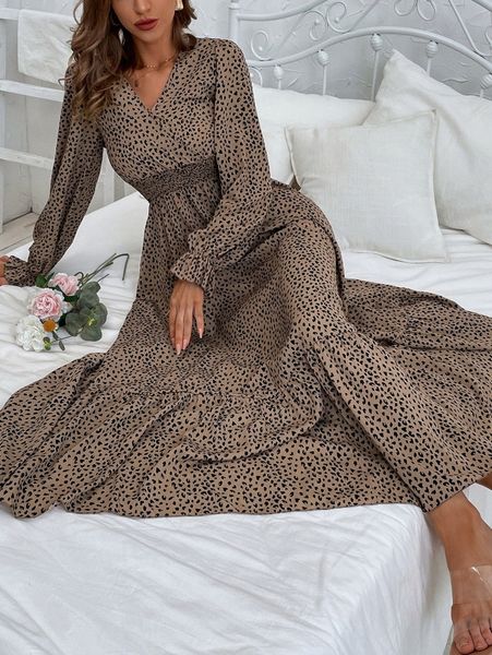 

allover print flounce sleeve shirred dress 43a4#, Black;gray