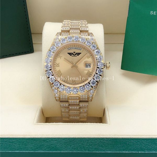 

watch full diamond gold dail president 128238 128239 sapphire big diamond bezel 43mm 18k men automatic wristwatches with original box, Slivery;brown