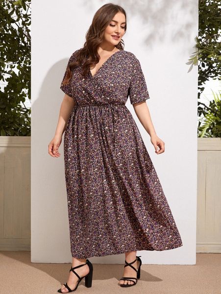 

plus surplice neck ditsy floral a-line dress t9zx#, Black