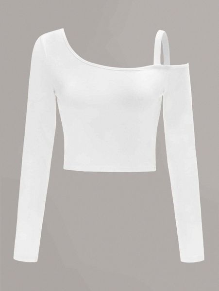 

asymmetrical neck cold shoulder rib-knit s7kd#, White