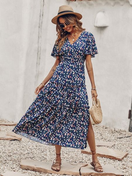 

ditsy floral print butterfly sleeve frill trim split thigh dress p7jf#, Black;gray