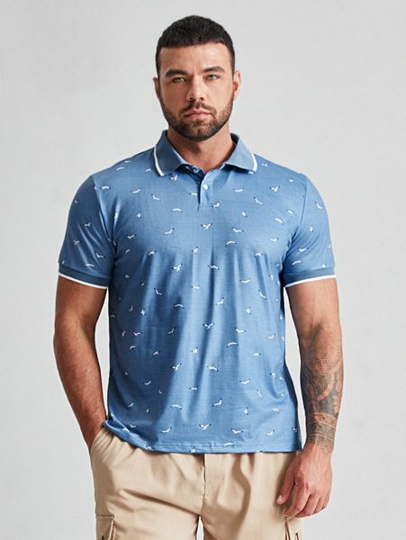 

extended sizes men allover bird print contrast trim polo shirt k7qs#, White;black