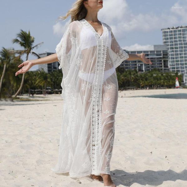 Mossha V-Ausschnitt Badeanzug Cover Ups weiblich 2022 weißes langes Strandkleid Damen Tunika für durchsichtige Bademode Beachwear Damen