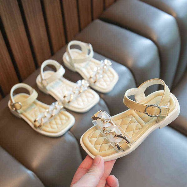 2022 verão New Girls Sandals Hook Loop Kids Fashion Metal Beautiful Pu Princess Shoes Kids Hook Loop Solid Korean Shoes G220523