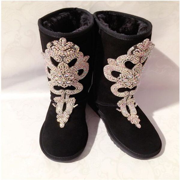 

diy boots custom handmade tide brand full diamond real leather shoes long barrel snow boots big size35-44, Black