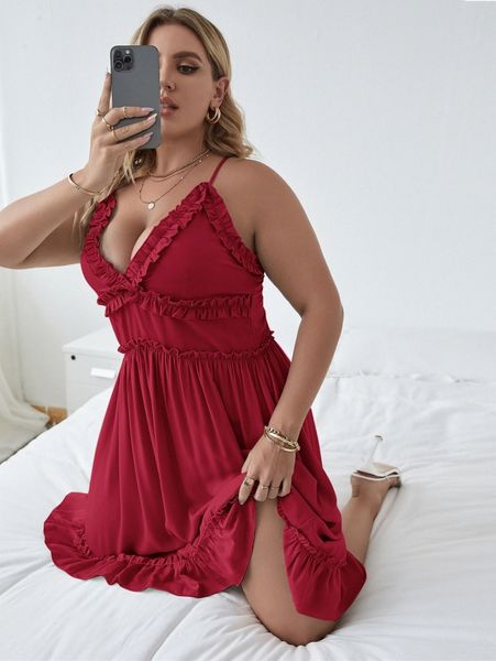 

plus ruffle trim zipper back cami dress 856q#, Black