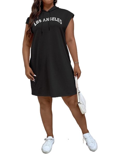 

plus letter graphic hooded dress d1yl#, Black