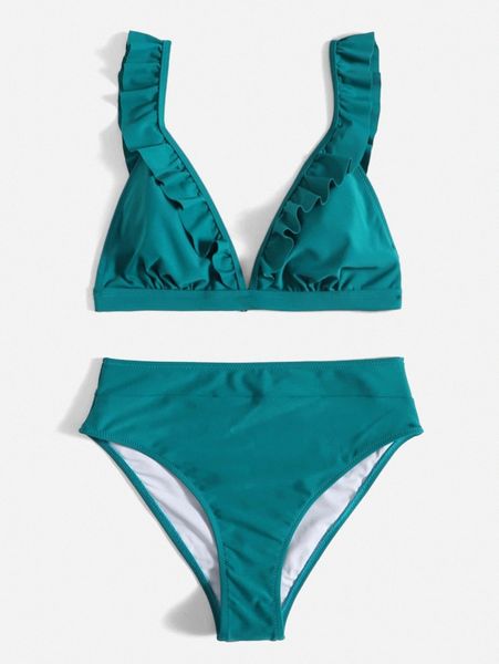 

ruffle trim high waisted bikini swimsuit r6tr#, White;black