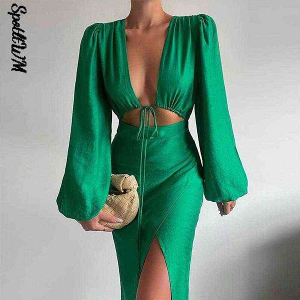 

women vintage green hollow out dress female deep v neck puff sleeve lace up midi dress 2022 spring chic split dresses t220816, Black;gray