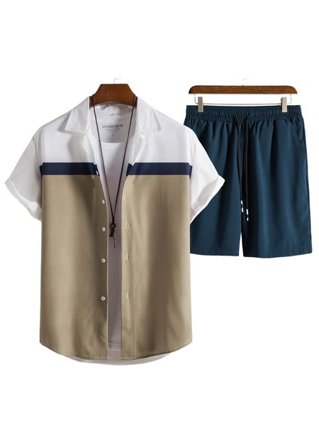 

men colorblock shirt & drawstring waist shorts e81a#, Gray