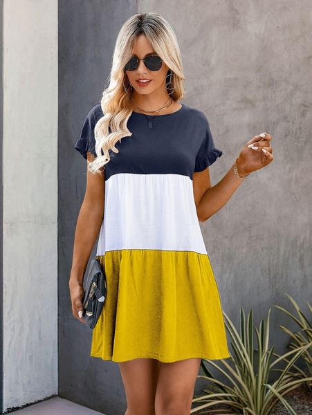 

color block flounce cuff smock dress g2hn#, Black;gray