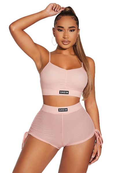 

letter patch detail drawstring lingerie set a67q#, Black;red