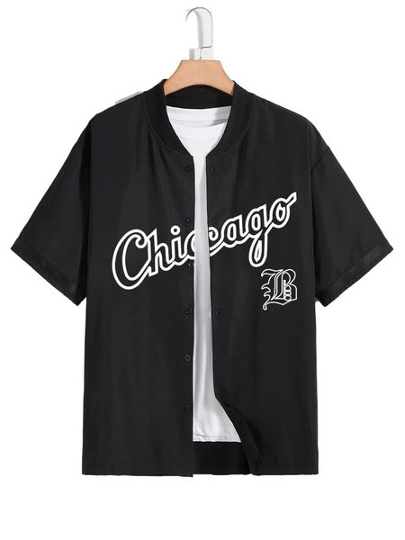 

men letter graphic button front shirt without tee f85y#, White;black