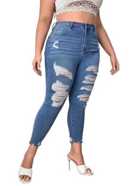 

plus high waist ripped frayed skinny jeans 671v#, Blue