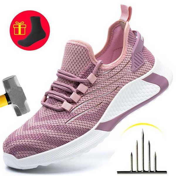 

fashion safety shoes woman work boots puncture-proof sneakers steel toe female footwear 220115, Black;brown