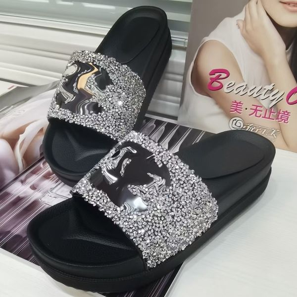 

classic black sole platform slippers rhinestone diamond glitter slides women flip flops pool slide slip on sandals luxurys lady summer outdo